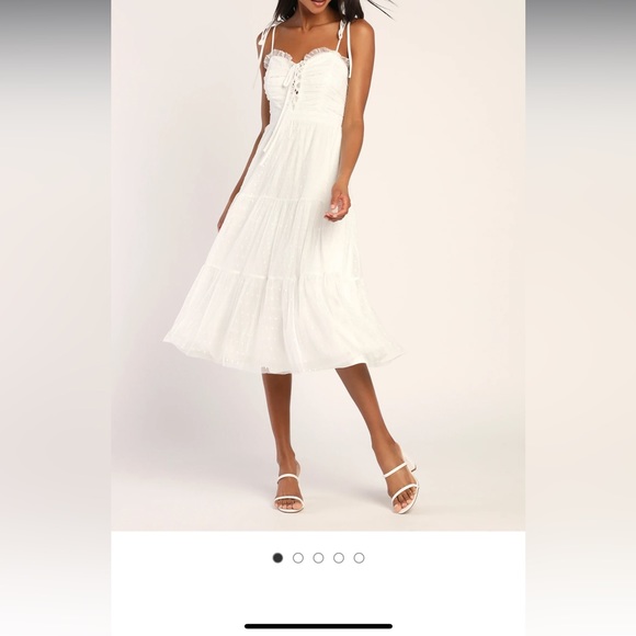 LuLus White Swiss Dot Tie-Strap Lace-Up Tiered Midi Dress - Picture 4 of 6